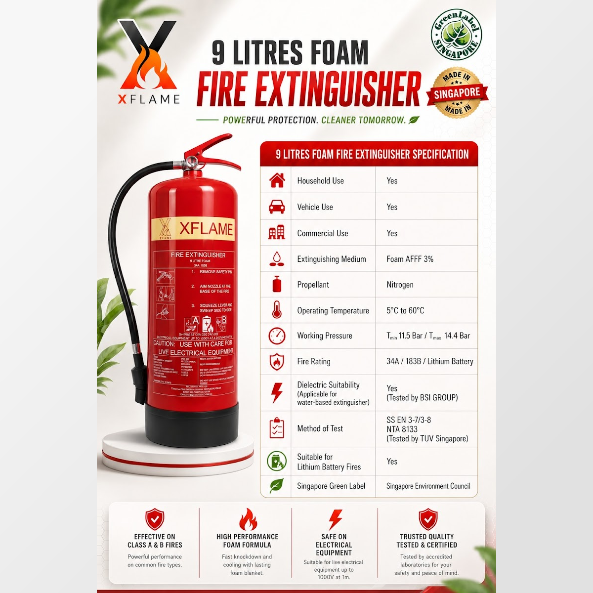 XFLAME 9L Lithium Battery Foam Fire Extinguisher