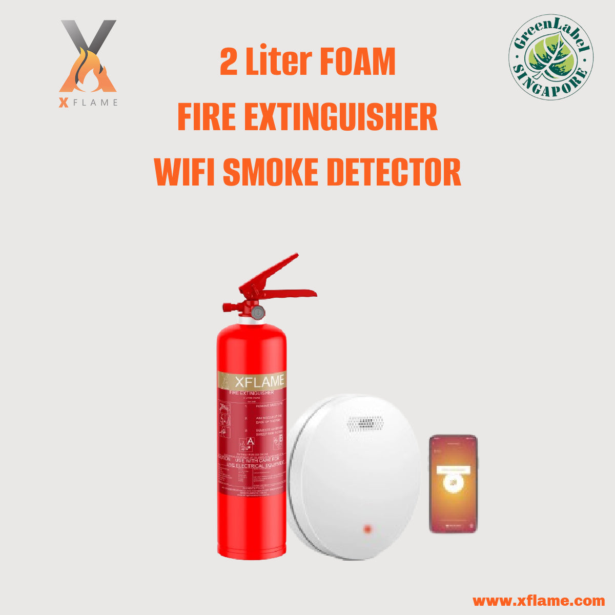 XFLAME 2L Foam Fire Extinguisher with WIFI Smoke Detector (10 Years Battery)