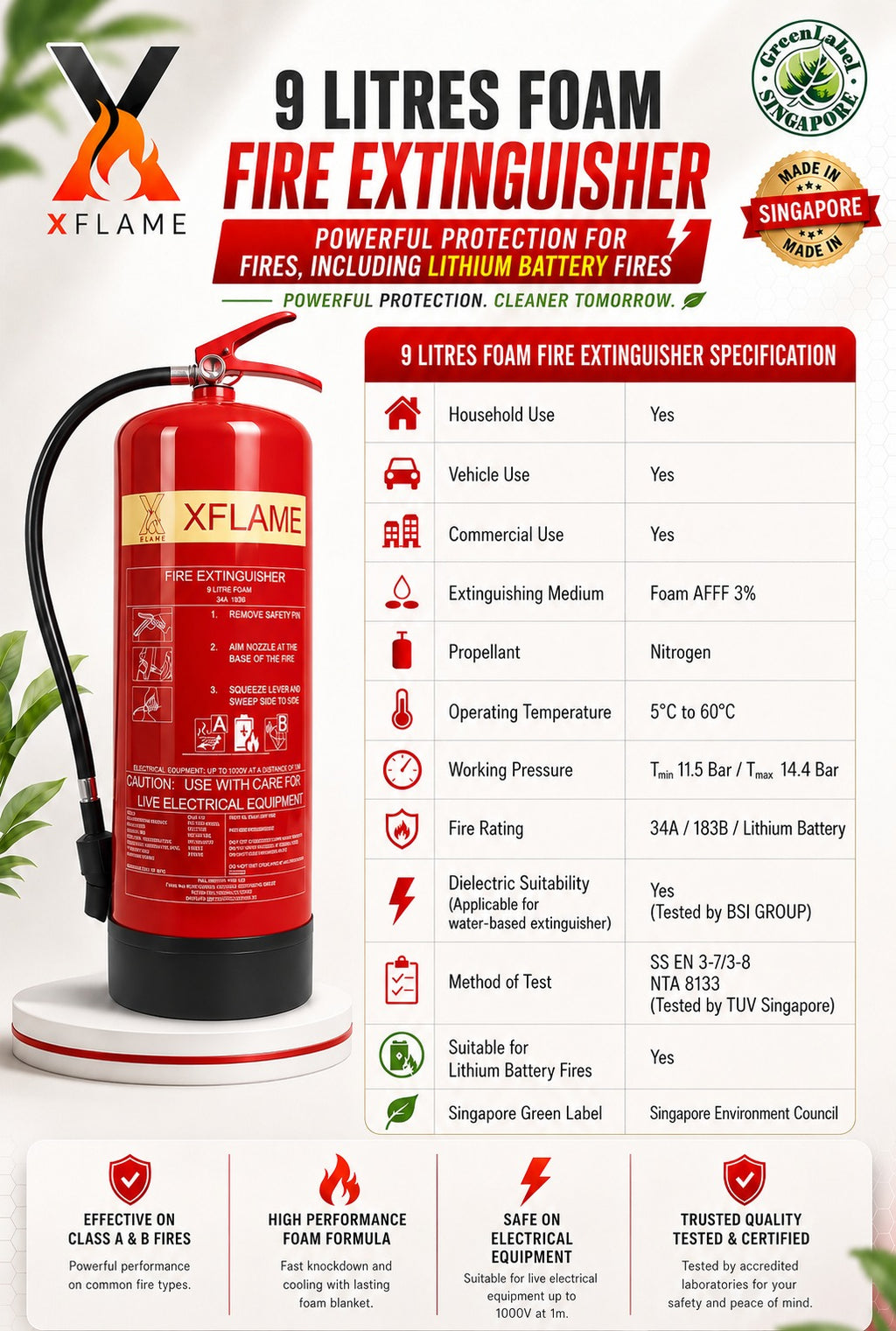 XFLAME 9L Lithium Battery Foam Fire Extinguisher