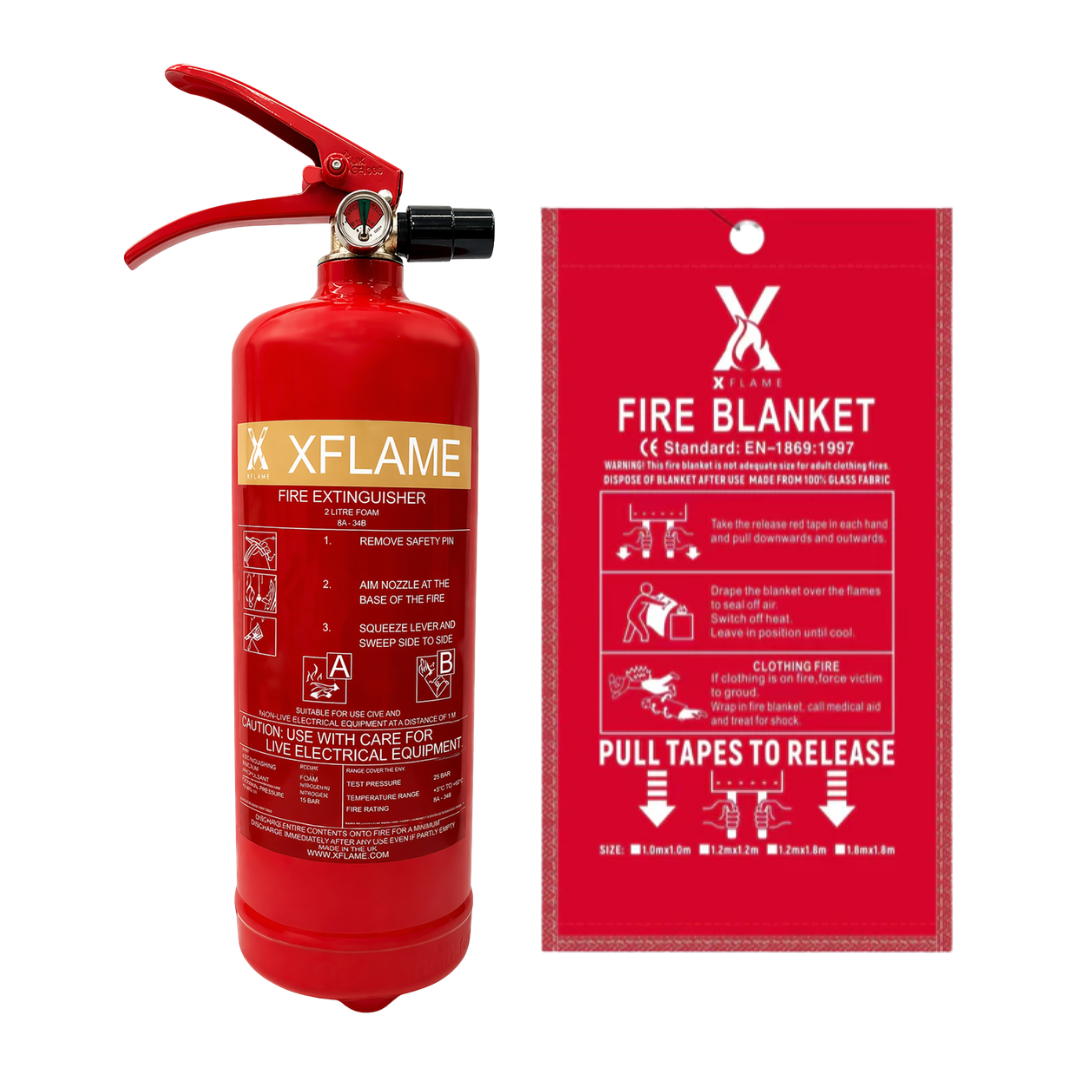 XFLAME 2L Foam Fire Extinguisher with Fire Blanket