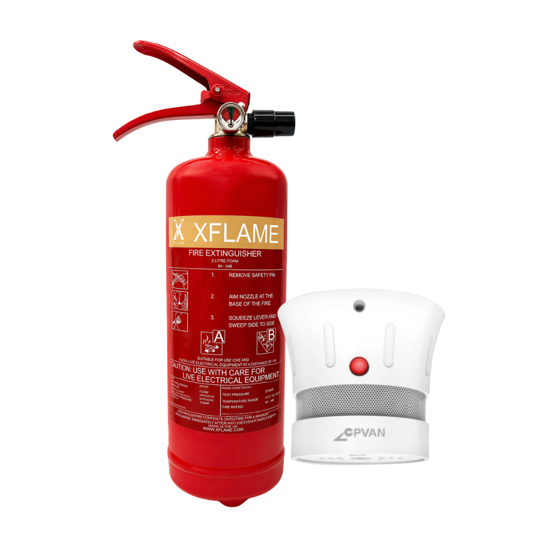 XFLAME 2L Foam Fire Extinguisher with Smoke Detector (10 Years Battery)